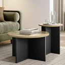 2-Piece Round Nesting Coffee Table - Burl Wood Top & Black Solid Wood Base - Modern Round Coffee Table Set with Drum Style - Modern Home Decor Furniture