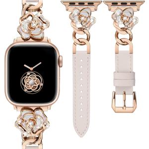Minyee Compatible with Apple Watch Band 42/41/40/38/44/45/46/49mm Women, Dressy Slim Elegant Leather Metal Chain Strap with Bling Camellia Charms for iWatch Series 11 10 9 8 7 6 5 4 SE/Ultra 3 2 1 (Starlight/Rose Gold)