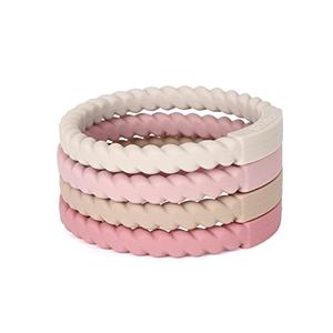 Socub Silicone Baby Teether Toy, 4 Pack BPA Free Soft Silicone Teether Bracelets for 3+Month Babies, Wearable as Bracelets, Baby Chew Toy (Sand/Light Grey/Dusty Lilac/Power Rose)