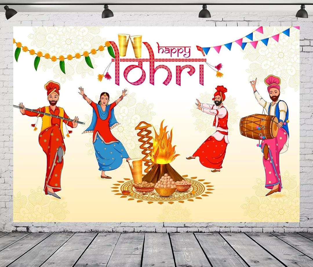 CORFOTO 10x8ft Fabric Happy Lohri Festival Backdrop Cartoon Indian People Punjabi Religious Holiday Background for Harvesting Festival Party Decorations Banner Kids Adults Photo Props