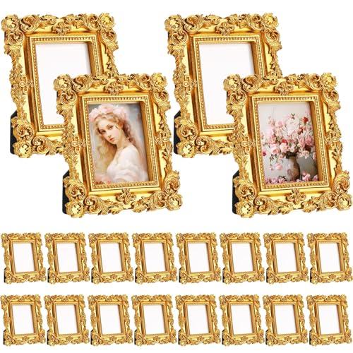 AceOrbit 20 Pcs 2x3 Inch Mini Gold Picture Frames for Wedding Small Victorian Vintage Antique Ornate Retro Baroque Photo Frame Pack with Backboard for Wall Hanging Tabletop Display Decor (Square)