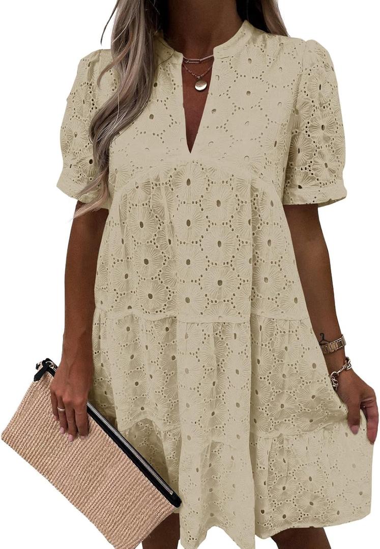 Imily Bela Women's Summer Lace Dresses Eyelet Casual Flowy Babydoll Swing Short Sleeve V Neck Tunic Dress (Beige, M)