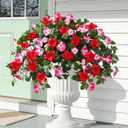 Artificial Flowers for Outdoors, 2PCS Mixed Red Pink Artificial Petunias UV Resistant Fake Flowers, Realistic Outdoor Faux Silk Flowers Plants for Outside Garden Porch Patio Spring Summer Decor