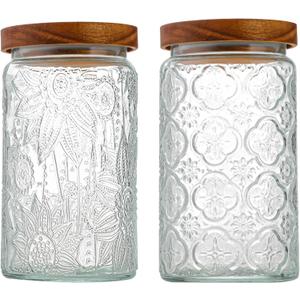 34 OZ/2 PCS Glass Storage Jar with Airtight Bamboo Wooden Lids, Vintage Food Containers Canisters Sets for Kitchen Counter Pantry, Sugar, Flour, Candy, Tea, Coffee Beans, Oats, Grain Bin, Pasta, ((34oz) Sunflower+Begonia)