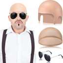 Mepase Bald Caps with Glasses Nylon Makeup Latex Bald Head Wig Cap for Men Women Adults Cosplay Party Costume Accessories (Beige)
