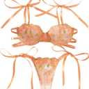 Lilosy Sexy Tie Side Embroidered Underwire Push Up Cute Strappy Mesh Sheer Bachelorette Lingerie Set (Medium, Flower Orange)