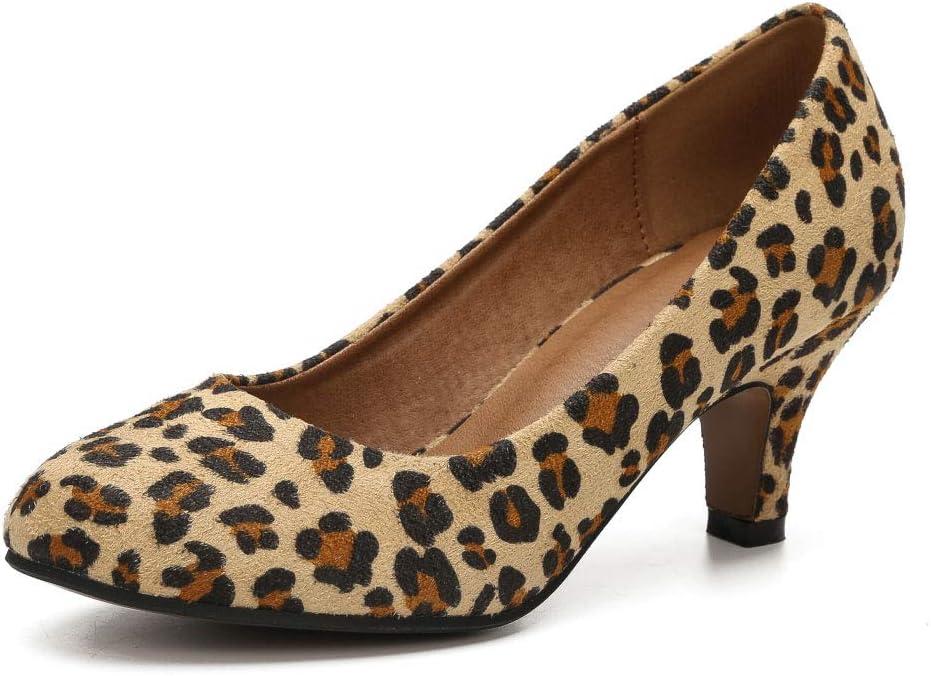 Women's Classic Round Toe Pumps, Mid Kitten Heel, Office Dress Shoes Suede Leopard 38 - US 7