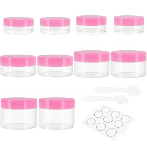 10 Pieces Small Travel Containers, 3/5/10/15/20 Gram Size for Creams, Sample With Screw Lids, 12Pcs Labels/2Pcs Mini Spatulas, Plastic Makeup (Pink)