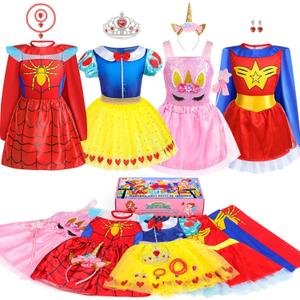 Jeowoqao Toddler Girls Dress up Costumes, Princess Dress Up Clothes for Little Girls, Kids Dress Up Pretend Play Set with Supergirl Princess Costumes Toy Gift for Girls Ages 3 4 5 6 Years