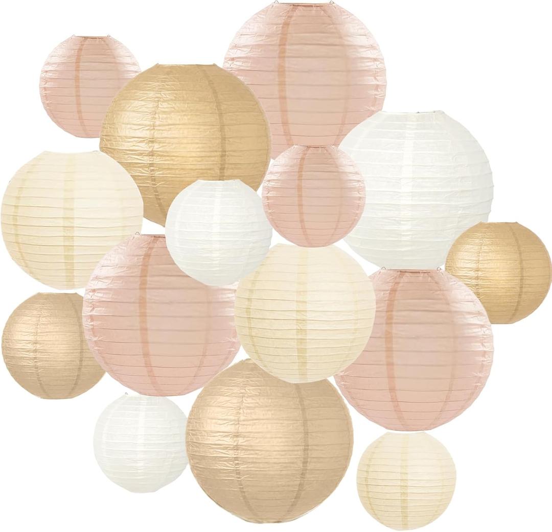 15 Pcs Boho Paper Lanterns - Champagne Gold Beige Peach 6 8 10 Inch Round Hanging Decorations for Birthday, Neutral Baby & Bridal Shower, Rustic Wedding, Fall Party