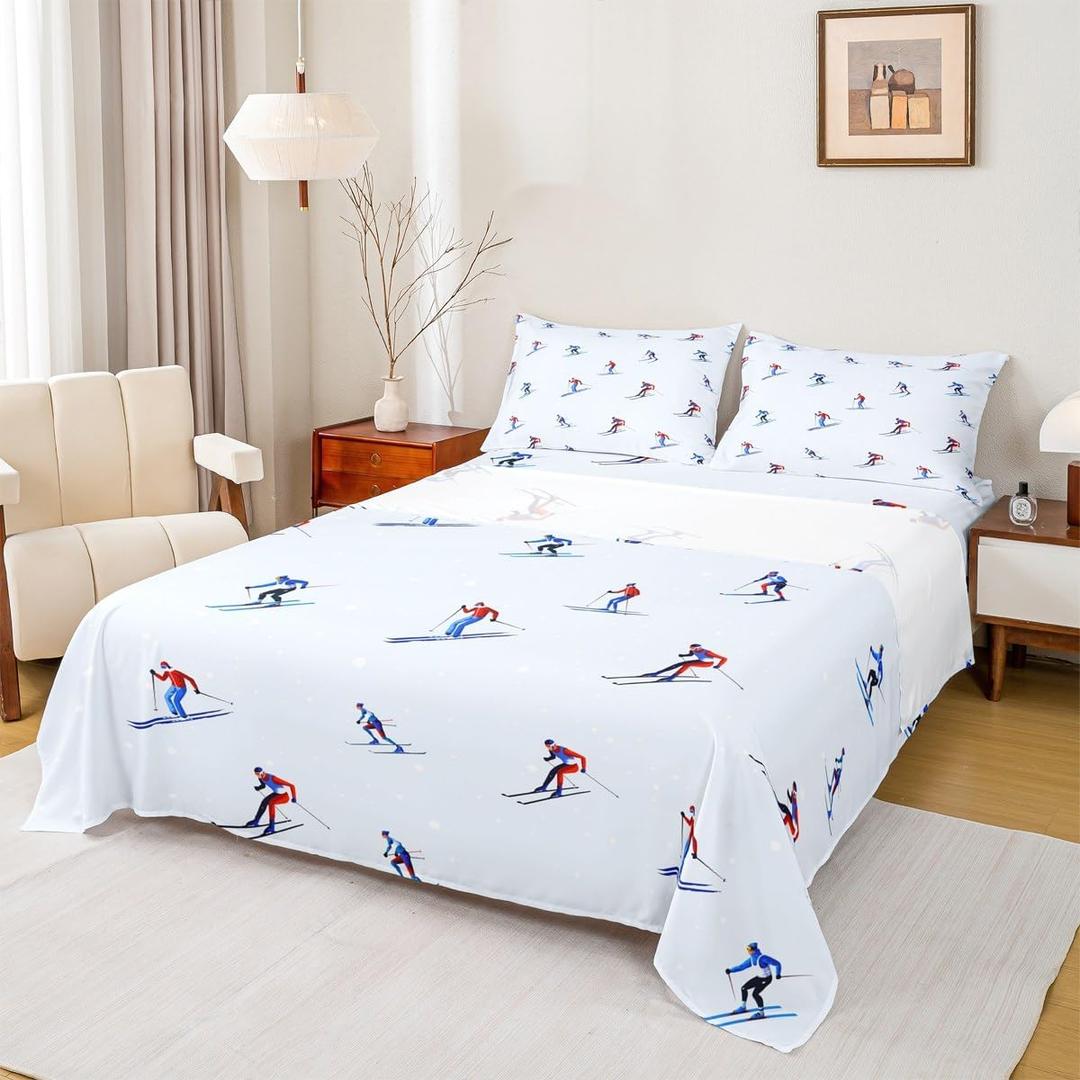 Ski Sheet Set Twin Size,Winter Skiing Extreme Sports Bedding Set 3Pcs for Kids Girls Boys Skiers Room Decor,Cartoon Red Navy Ski Player Bed Sheet,Blue White Fitted + Flat Sheet,1 Pillowcase (Color 28)
