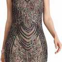 BABEYOND Flapper Dresses 1920s V Neck Beaded Fringed Great Gatsby Dress (Small, Black Apricot)