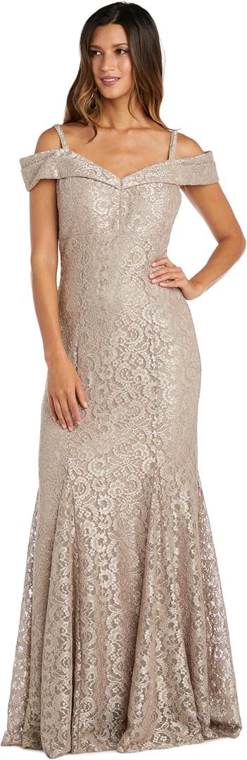 R&M Richards Women's Glitter Lace Cold Shoulder Mermaid Gown - Long Stretch Floral Empire Waist Evening Dress (10)