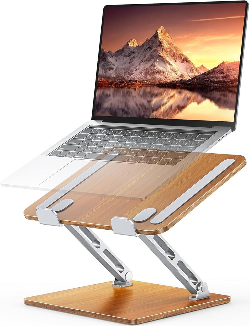 Ergonomic Laptop Stand, Wood & Aluminum Computer Stand with Adjustable Angle, Foldable Dual-Bar Laptop Riser Holder Stand for Desk, Compatible with MacBook, Dell, HP 10-16" (Royal Teak Grain)