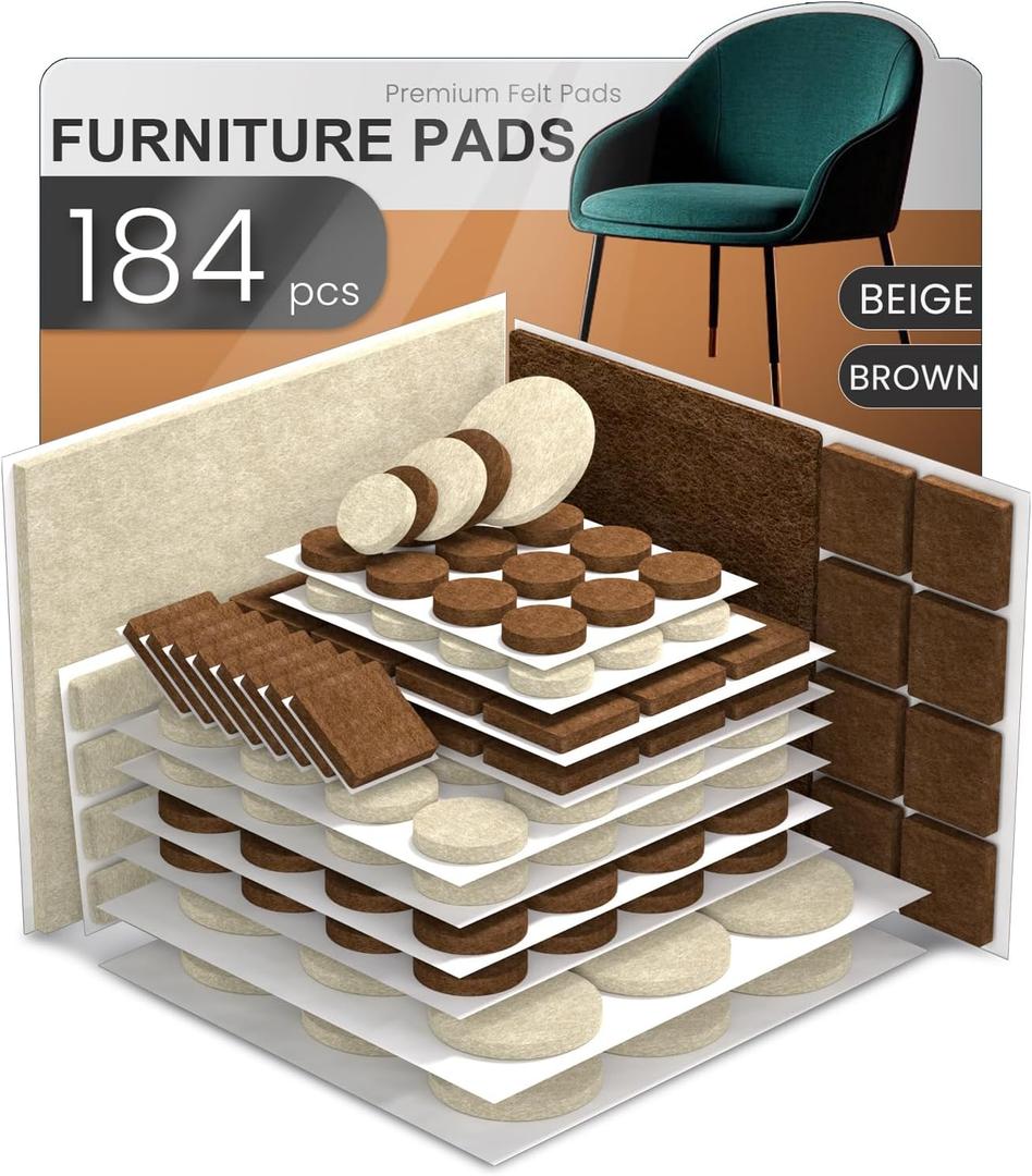 2 x 184 PCS Felt Furniture Pads, Chair Leg Floor Protectors, Furniture Sliders for Hardwood Floors, Cabinet Bumpers, Anti Scratch, Reduce Noise(Brown & Beige)
