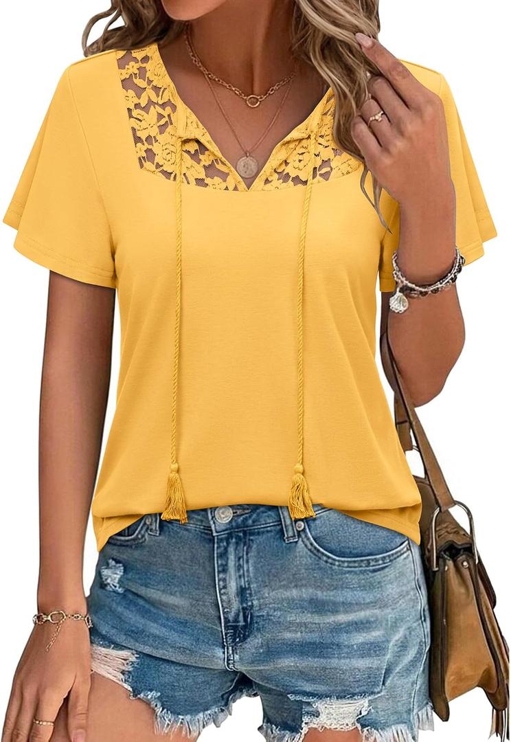 Uhiger Womens Boho Tops Short Sleeve Convertible V Neck Blouses Lace Trim Tassel Tie Front Flowy Chic Vacation Outfits (Yellow, XL)
