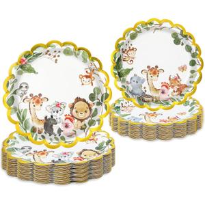 2 x 50Pcs Woodland Animal Paper Plate Forest Animals Disposable Plates 9 & 7 Inch Baby Shower Scalloped Dinner Dessert Plates for Birthday Supplies