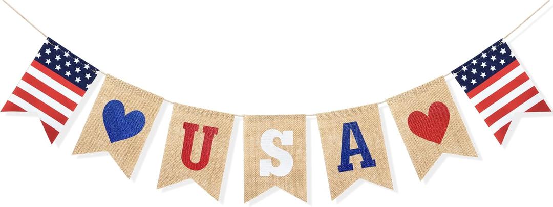 Uniwish USA Banner Burlap Bunting 4th of July Decorations American Independence Day Celebration Red White and Blue Theme Party Decoration Supplies