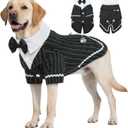 DENTRUN Dog Tuxedo Suit with Bow Tie - Formal Black & White Striped Pet Costume Shirt, Elegant Wedding Outfit Birthday Party Attire for Siberian Husky Border Collie Large Dogs, XL