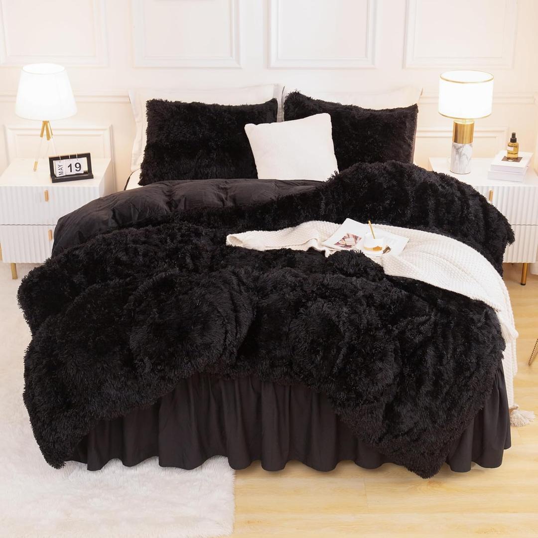 Faux Fur Black Comforter Queen,  Fluffy Fuzzy Plush Bedding Comforter (1 Shaggy Velvet Comforter ), Soft Puffy Comfy Down Alternative Comforter 