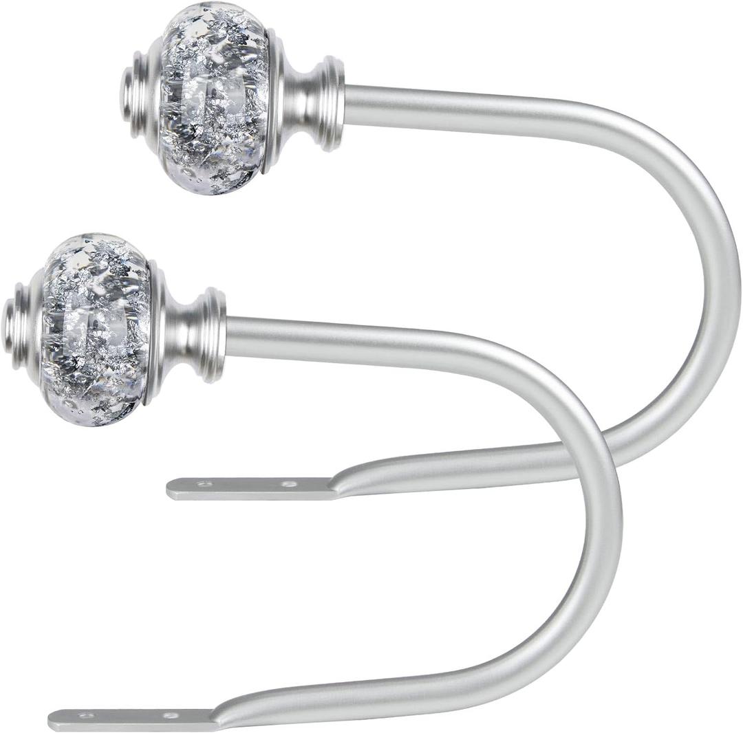 2 Pack Silver Curtain Holdbacks, USFOOK Decorative Drapery Tiebacks (2 Pack/1 Pair), Curtain Tie Back Hooks for Wall with Translucent Finials (6.1" L x 4.1" W)