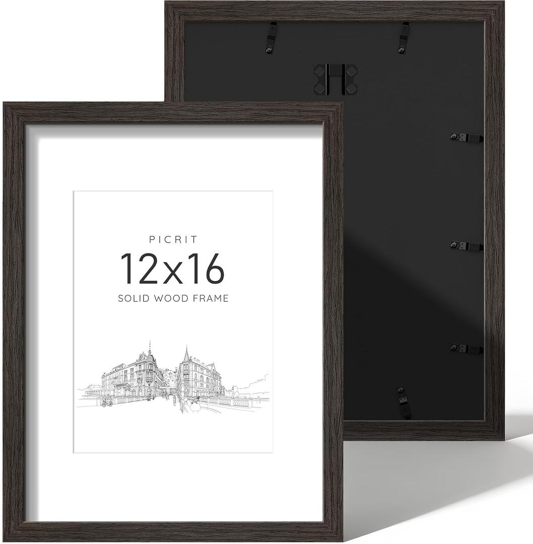 Picrit 12x16 Picture Frame Set of 2, Solid Wood and Black Backboard, Displays 8.5 x 11 with Mat or 12x16 Without Mat, Wall Mounted, Wall Gallery Photo Frames for Home Decor, Walnut Brown Wood Grain