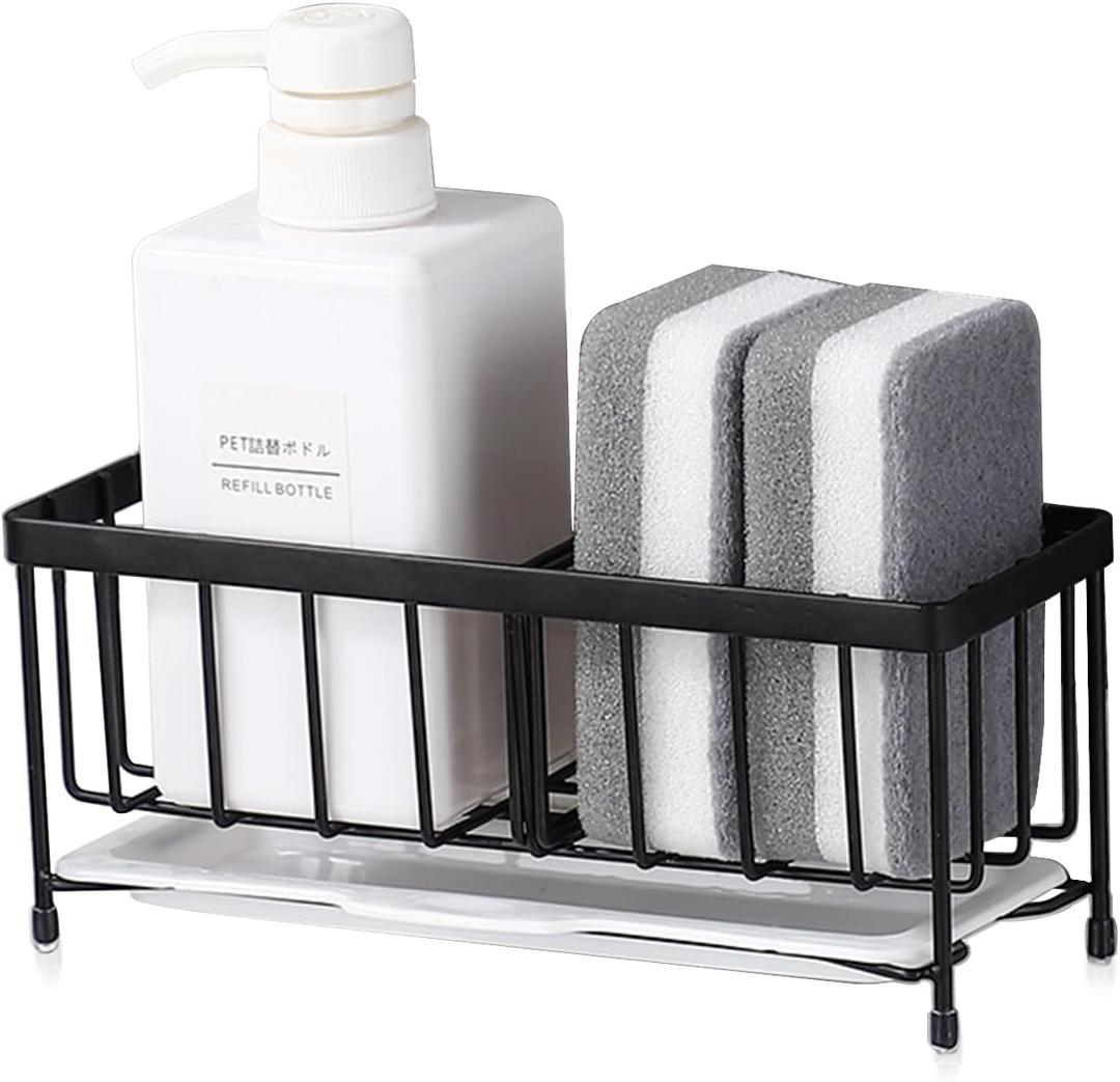 Kavciva Sink Caddy Sponge Holder,304 Stainless Steel Dish Brush Holder,Kitchen Countertop Sink Rack,Dish Soap Holder,Dishwashing Tool Drying Tray with Adjustable Partitions,Essential Kitchen Shelves (Upgraded,Black)
