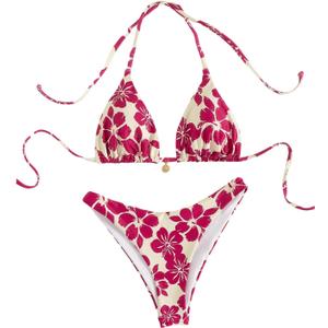 SOLY HUX Women's Boho Floral Print Halter Swimsuit Tie Back High Cut Bikini Set 2 Piece Bathing Suit (Medium)