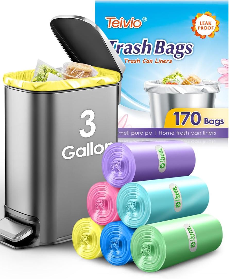 Small Trash Bags 3 Gallon 170 Count Strong Trash Bags Colorful Small Garbage Bags, Trash Can Liners for Bathroom Home Office Kitchen Bedroom, fit 5-10 Liter, 1,1.2,1.6,2,2.6,3 Gal,Multicolor