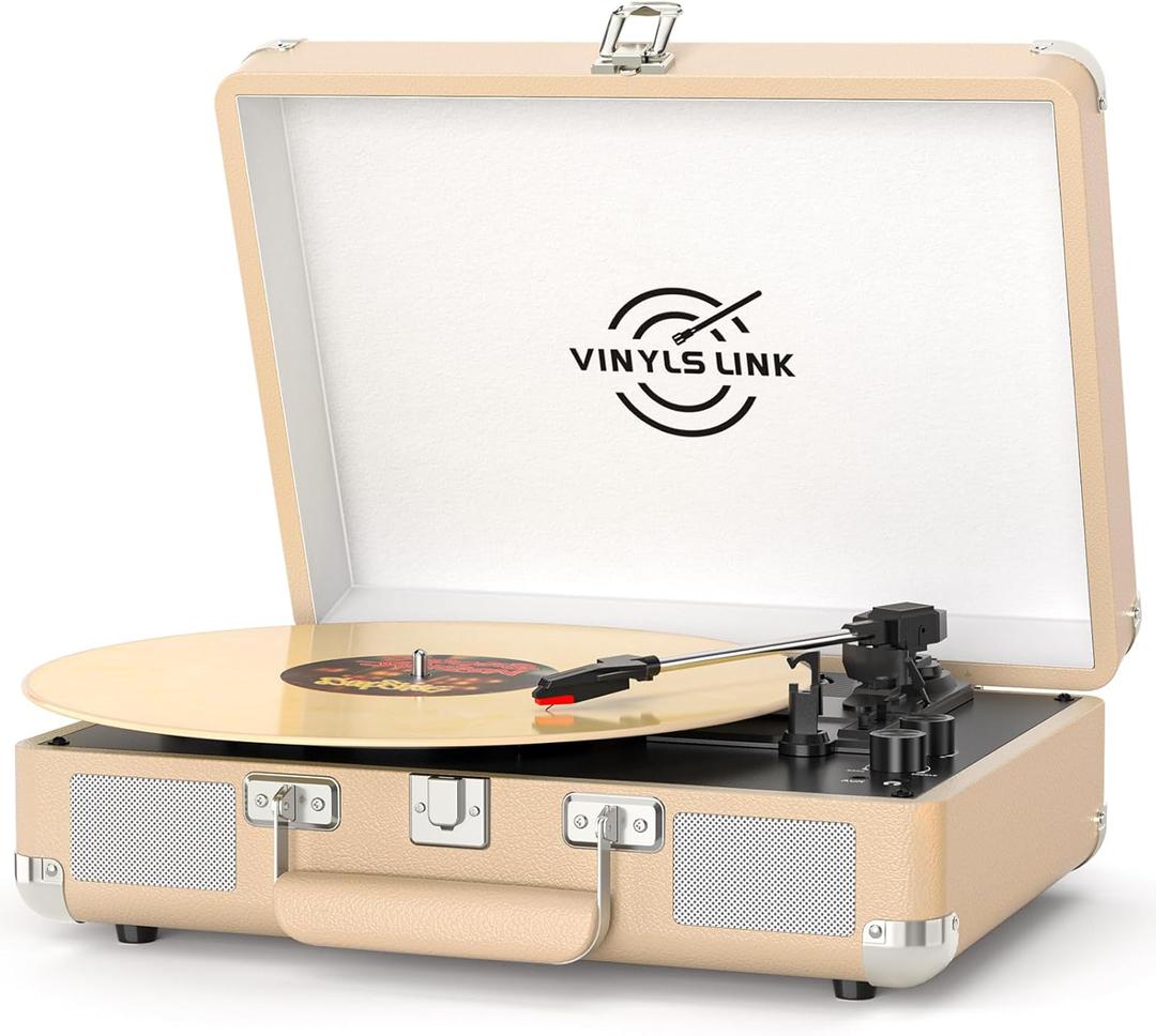 VINYLSLINK Bluetooth Vinyl Record Player with Treble & Bass Adjustment, Vintage Portable Turntable Suitcase with Built-in Speakers, 3-Speed Belt Drive (33/45/78 RPM), Auto Stop, RCA/AUX/Headphone Jack (Khaki)