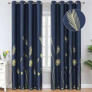 Estelar Textiler Navy Blue Blackout Curtains for Living Room 84 Inch Length 2 Panels Set, Gold Palm Leaves Printed Window Drapes, Energy Saving Curtains for Bedroom, 52Wx84L