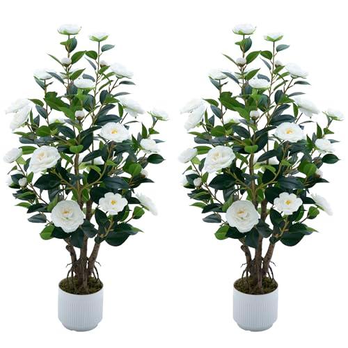Jcezvnt 2 Pack Artificial Camellia Tree with White Pot, 38" Faux Potted Plants for Indoor Outdoor Decor, Tall Silk Greenery Plant for Home Offce Living Room Balcony, White