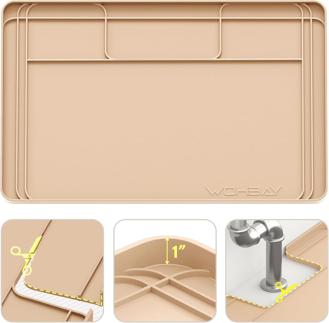 Wohbay Under Sink Mats for Kitchen Waterproof, Cut to Fit Under Sink Drip Tray for Kitchen Bathroom Cabinets, Silicone Under-Cabinet Hold Up to 3.3 Gallons Liquid, 34" X 22" Or Smaller -Khaki