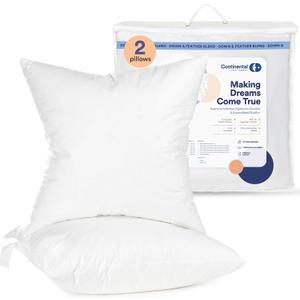 Continental Bedding | 50/50 Down and Feather Blend Throw Pillow Insert | 100% Cotton 250TC Shell | Medium Loft Decorative Cushion | 16x16 | 2 Pack