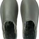 Unisex House Slippers, Genuine Leather Solid Color Minimalist Indoor Slippers, Soft Warm Flannel Lining, Lightweight Comfortable Flexible Anti-Slip Rubber Sole (7 Women/6 Men, Grey)