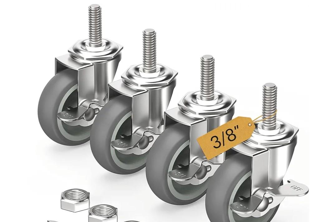 Caster Wheels 3 inch Locking Casters Set of 4, Threaded Stem 3/8" -16 x 1-1/2" (Diameter 3/8", Length 1-1/2") Swivel Heavy Duty Castors Gray