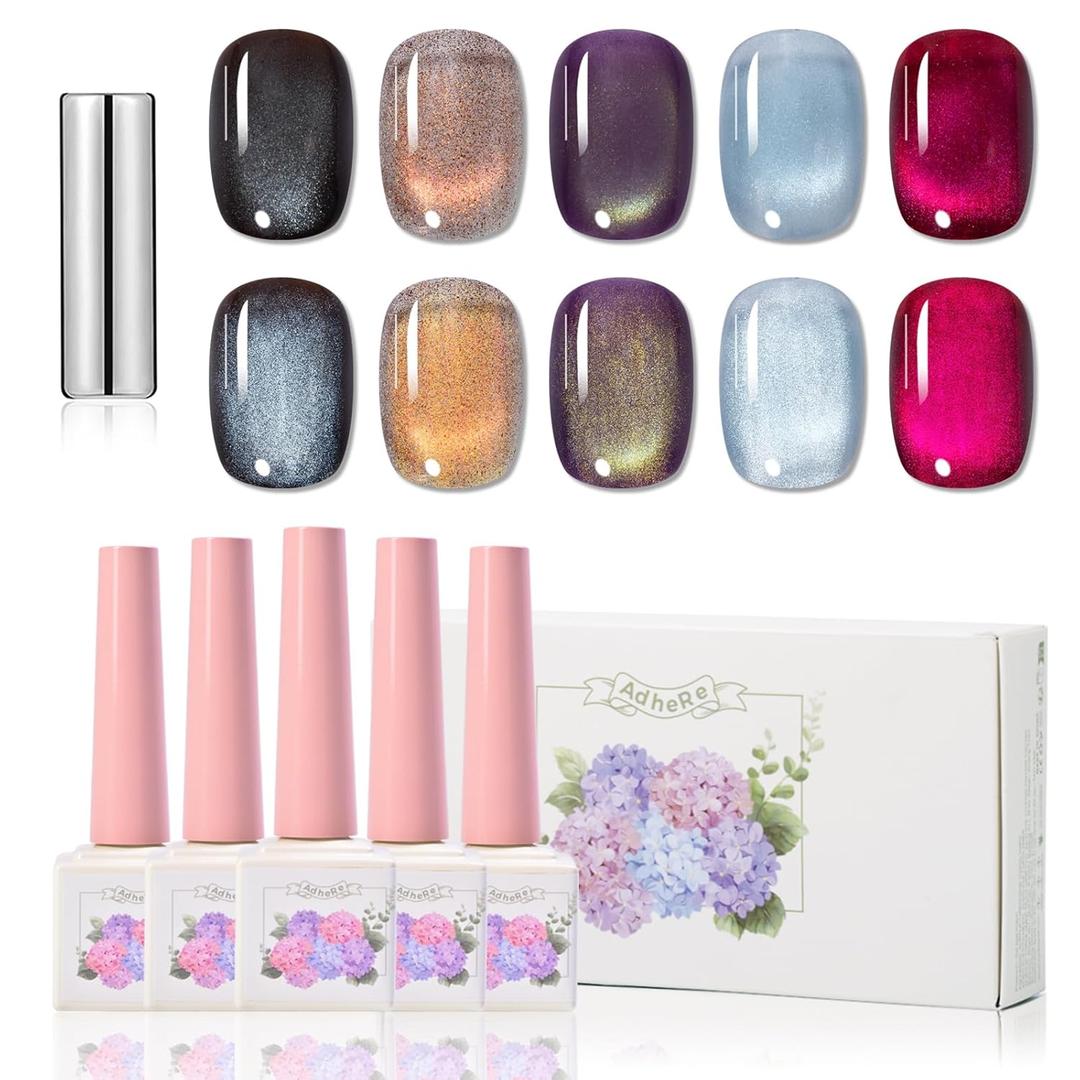 ADHERE Cat Eye Gel Nail Polish, 5 PCS 12ML Magnetic Gel Polish Set with Magnet Stick Nail Art Manicure Salon DIY at Home