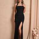 Women Bodycon Maxi Dress High Slit Halter Tie Ruched Long Formal Cocktail Wedding Guest Dresses (Black, XL)