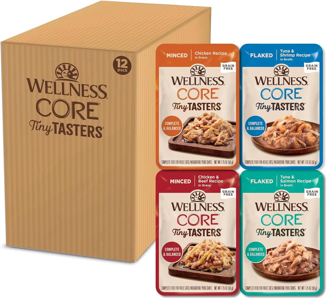 Wellness CORE Tiny Tasters Adult Wet Cat Food, Natural, Protein-Rich, Grain Free, 1.75-Ounce Pouch, 12 Pack, (Seafood & Poultry Variety Pack)