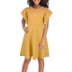 GORLYA Girl's Flutter Sleeve Stretchy A-Line Swing Flared Skater Party Dress with Pockets for 4-12 Years Kids (Yellow)