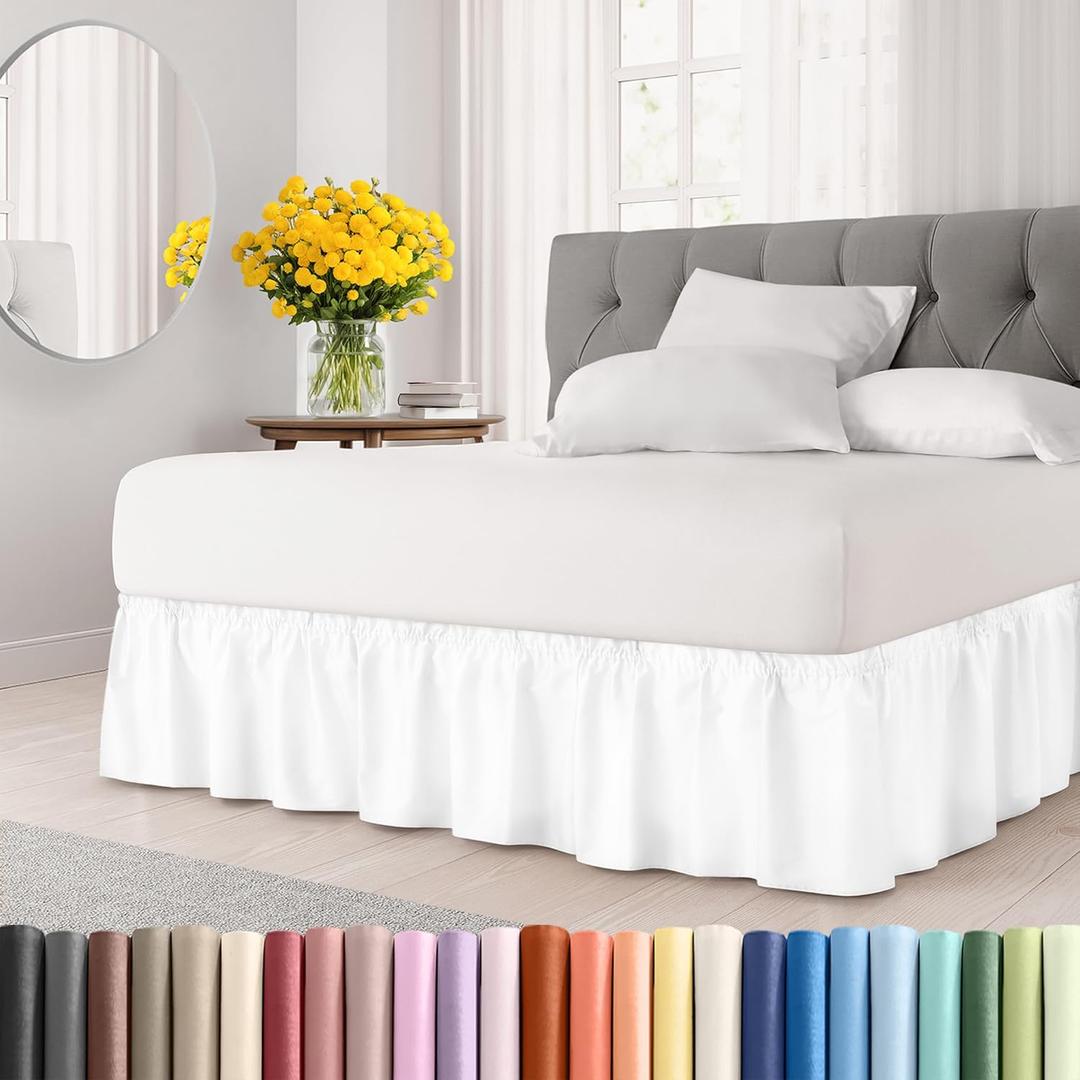 Wrap Around Dust Ruffle Bed Skirt - White - for Full Size Beds with 12 Inch Drop - Easy Fit Elastic Strap - Adjustable Pleated Bedskirt w/Brushed Fabric - Wrinkle Free - for Women, Men, Kids & Teens Wrap Around Dust Ruffle Bed Skirt - White - for Full Size Beds with 12 Inch Drop - Easy Fit Elastic Strap - Adjustable Pleated Bedskirt w/Brushed Fabric - Wrinkle Free - for Women, Men, Kids & Teens