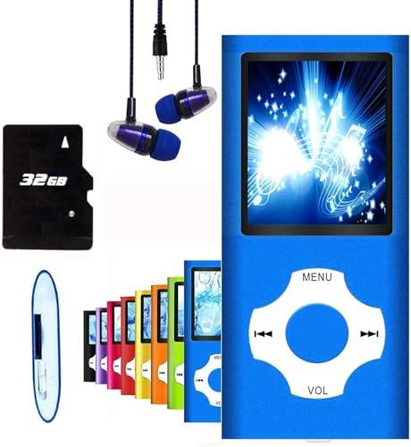 MP3 Player, Hotechs MP3 Music Player with 32GB Memory SD Card Slim Classic Digital LCD 1.82'' Screen Mini USB Port with FM Radio, Voice Record (Blue)