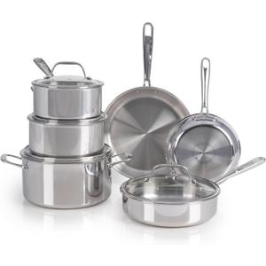 T-fal Pro Tri-Ply Stainless Steel Cookware Set 10 Piece, Induction Compatible Oven Safe 500F, Lids 350F, Fast & Even Heat, Professional Quality & Durability, Pots and Pans Set, Dishwasher Safe, Silver