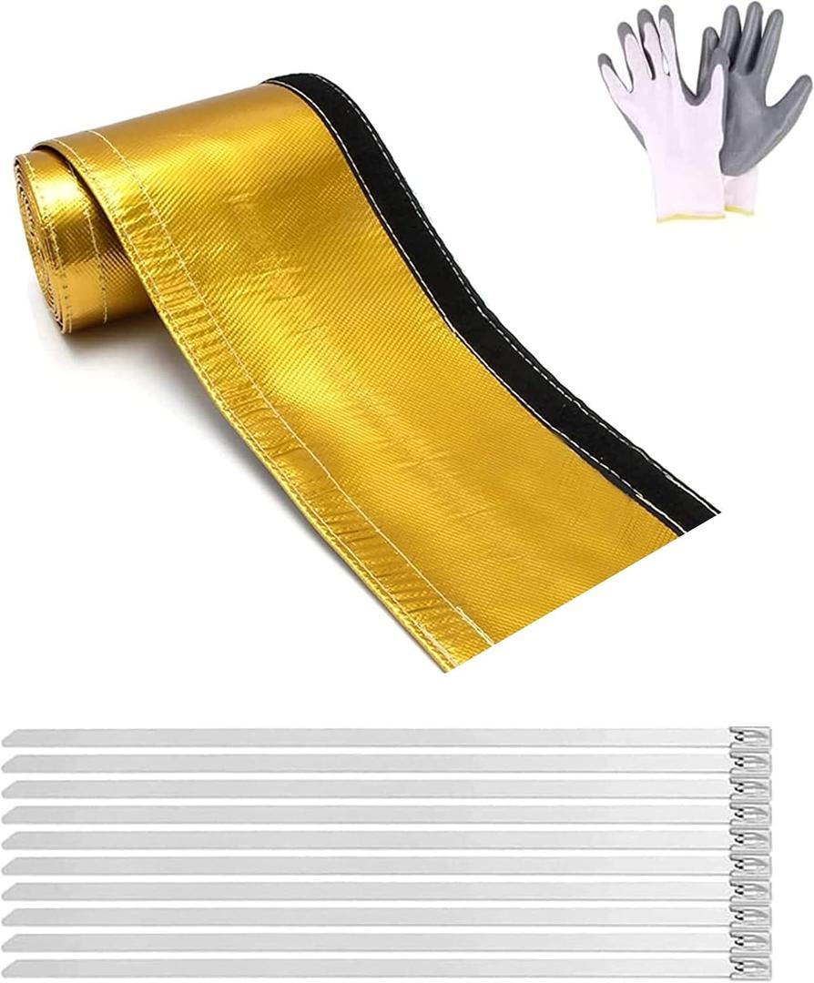 Gold Heat Wrap 1-1/4" I.D.x 10FT Heat Shroud Shield for Fuel Line, Wire Sleeving, with 10PCS Stainless Steel(304) Cable Ties