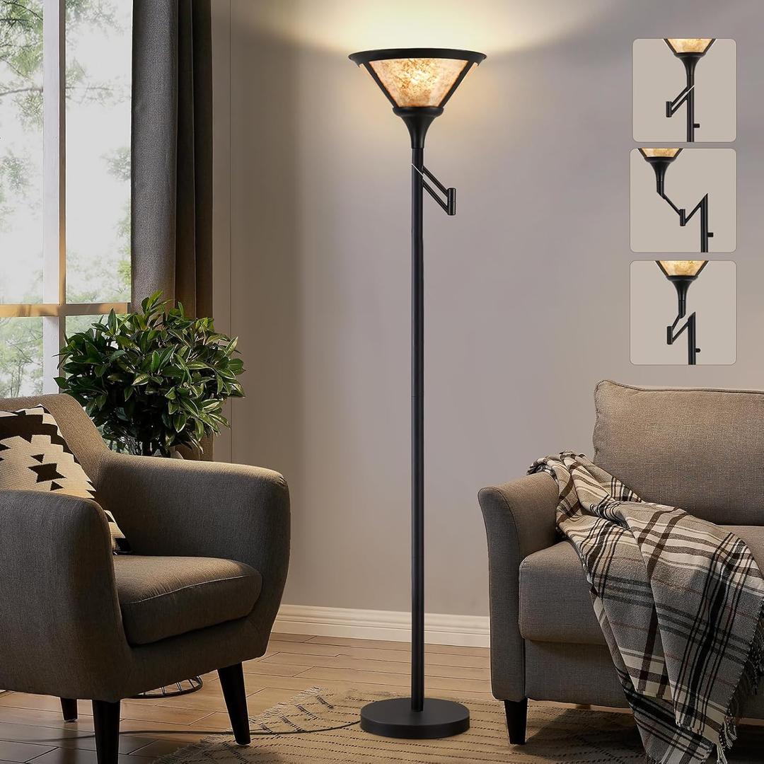 Floor Lamps for Living Room - 70" Black Torchiere Standing Floor Lamp with White Mica Shade - Tall Corner Lamp Decor for Bedroom with Adjustable Swing Arm LED Reading Light for Home Office