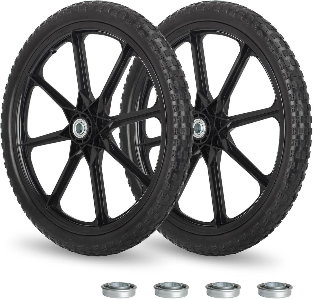 GICOOL 20" Flat Free Tire and Wheel, with 3/4" & 5/8" Bearing, 2.45" Centered Hub, Replacement Wheel For Rubbermaid Wheelbarrow, Garden Yard Cart, 2 Pcs, 20x2.0"d
