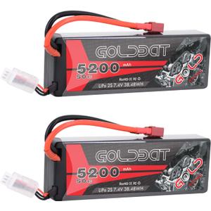 GOLDBAT LiPo Battery 5200mAh 2S 50C 7.4V RC Battery Hard Case with T Plug for RC Evader BX Car Losi Buggy Team Associated Truck Truggy (2 Packs)