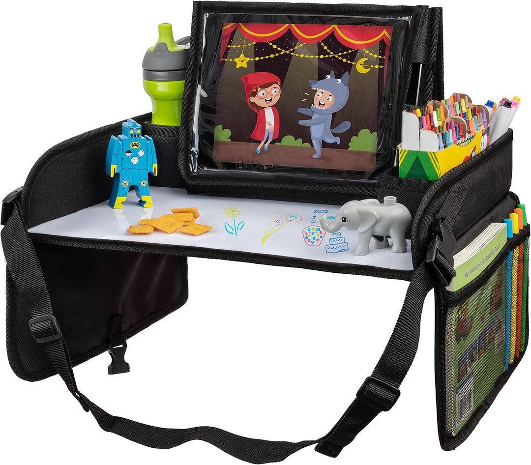 Lusso Gear Kids Travel Tray for Car - Road Trip Essentials for Kids - Car Seat Tray for Kids Travel - Toddler Travel Lap Desk and Organizer - Holds Snacks, Water Bottle, Toys (Black) (1-pack Black)