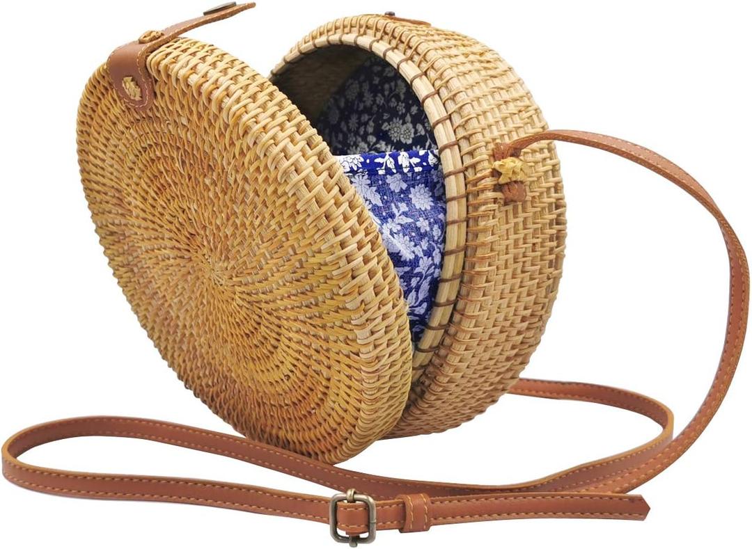 Handwoven Round Rattan Bag for Women Bali Ata Straw Bags Adjustable Shoulder Leather Straps