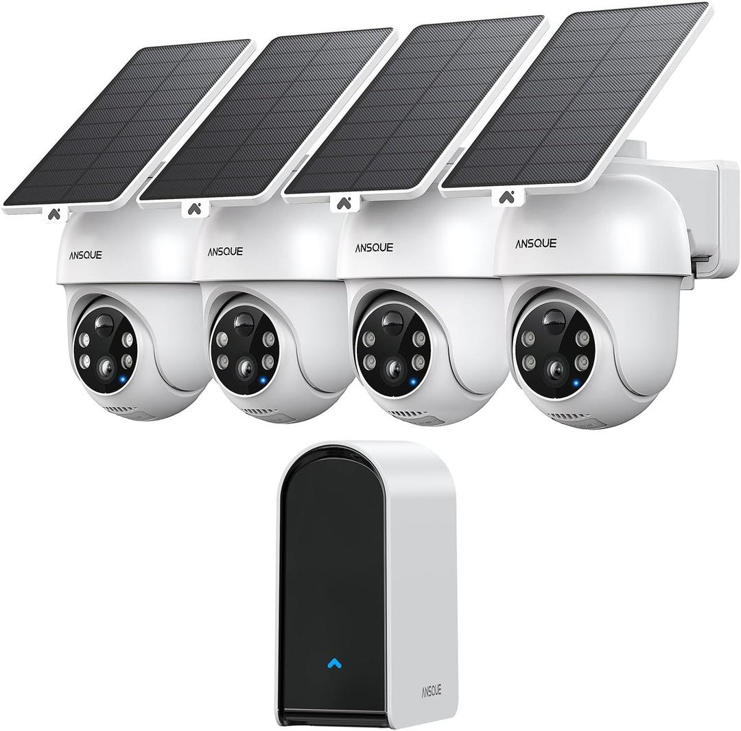  Ansque Security Cameras Wireless Outdoor Home System, 4 Camera Kit, No Subscription Fees, Solar Powered, Local Storage, 365-Day Battery Life, 360PTZ Surveillance, Auto Tracking, 2K Color Night Vision